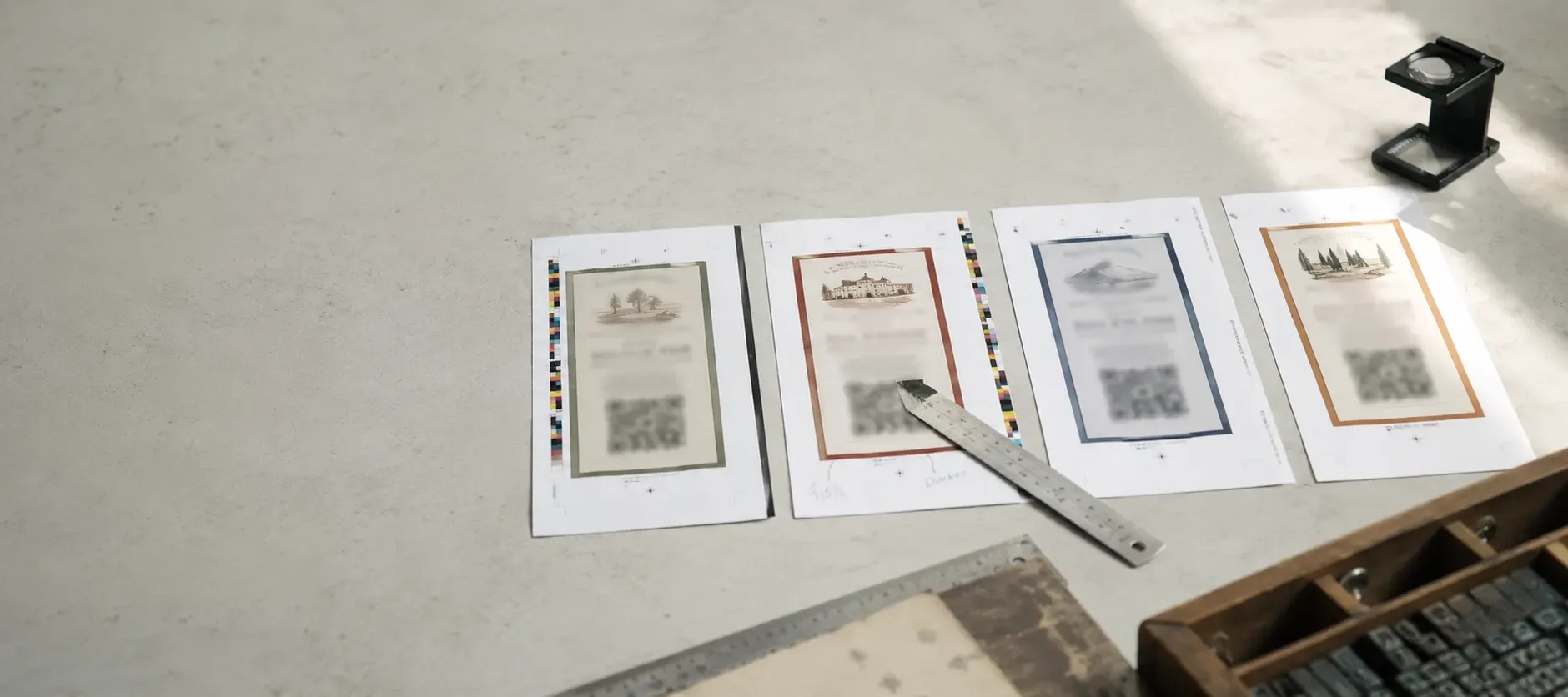 Four printed label proofs laid in a row on a pale workbench, with a steel ruler across one, a pencil annotation beside it and a folding loupe at the edge of the frame.