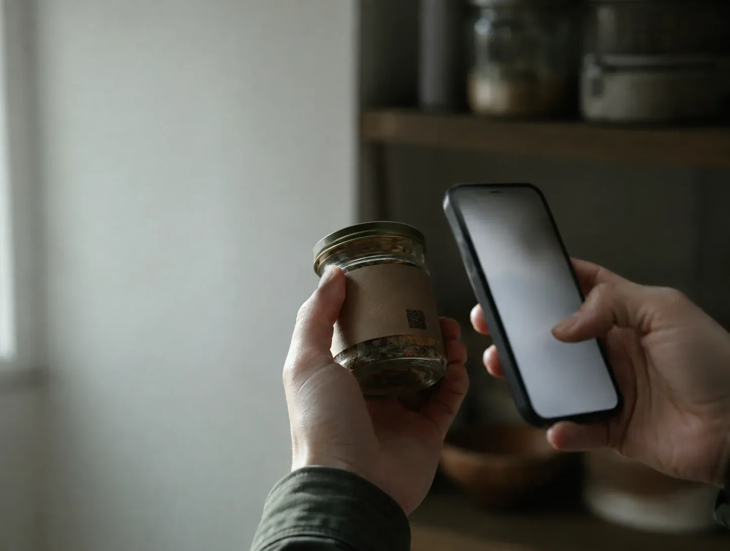 A hand holds a small kraft-labelled jar up to a phone held in the other hand; the phone's screen is blank.