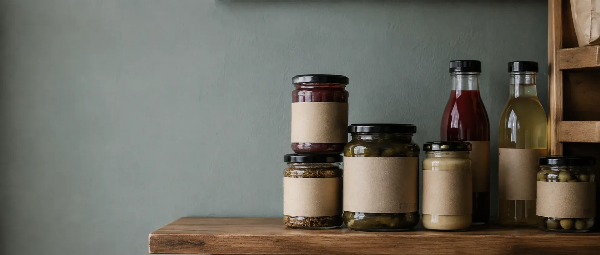 Seven unbranded glass jars and bottles with blank kraft-paper labels, stacked on a wooden shelf against a grey-green wall.