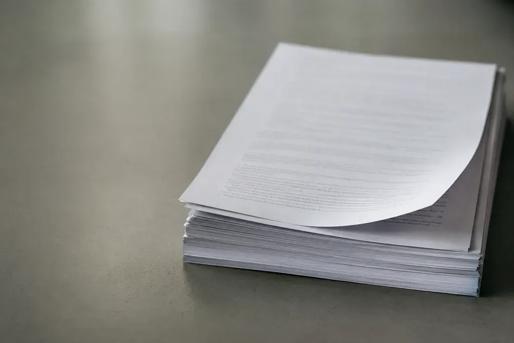 A thick stack of loose printed pages on a grey desk, slightly fanned, with the top page lifted at one corner; the text is too small to read.